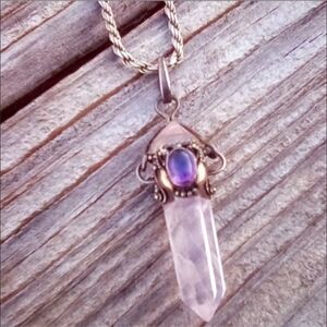 Vintage Rose Quartz Crystal Point Pendant Necklace Silver Tone 23.5"